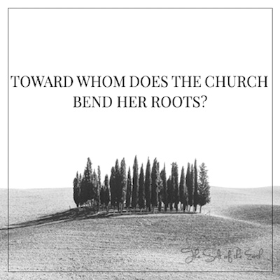 Toward whom does the church bend her roots?