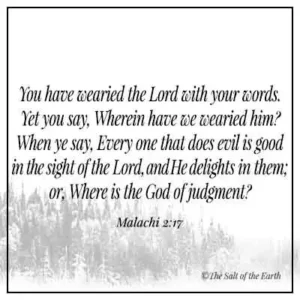 Bible verse malachi 2-17-you have wearied the lord with your Ye have wearied the lord with your words
yet ye say wherein have we wearied him
when ye say every one that does evil is good in the sight of the Lord and he delights in them or where is the God of judgment