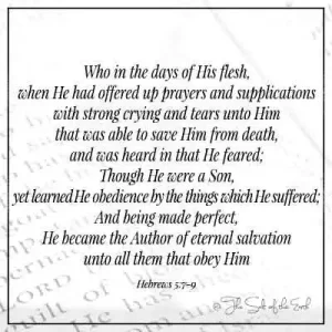 библейский стих на иврите 5-7-Кто во дни плоти своей, когда он с сильным воплем и слезами вознес молитвы и прошения Могущему спасти Его от смерти, и было слышно, что он боялся; Хотя он был сыном, но научился послушанию через страдания, которые он претерпел; И быть идеальным, Он стал автором вечного спасения для всех послушных Ему